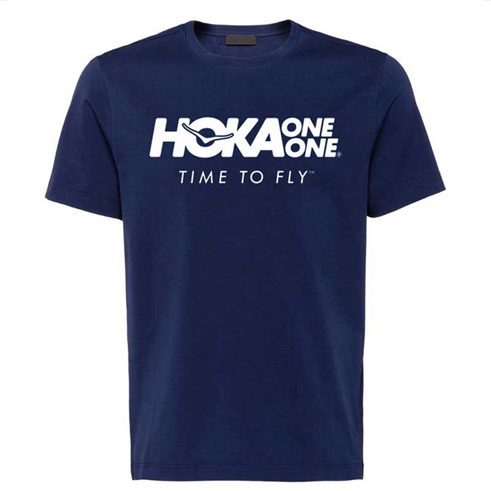 Hoka Mens Tee NZ - Hoka One One O Neck Summer Cotton Navy Blue (FDR437651)